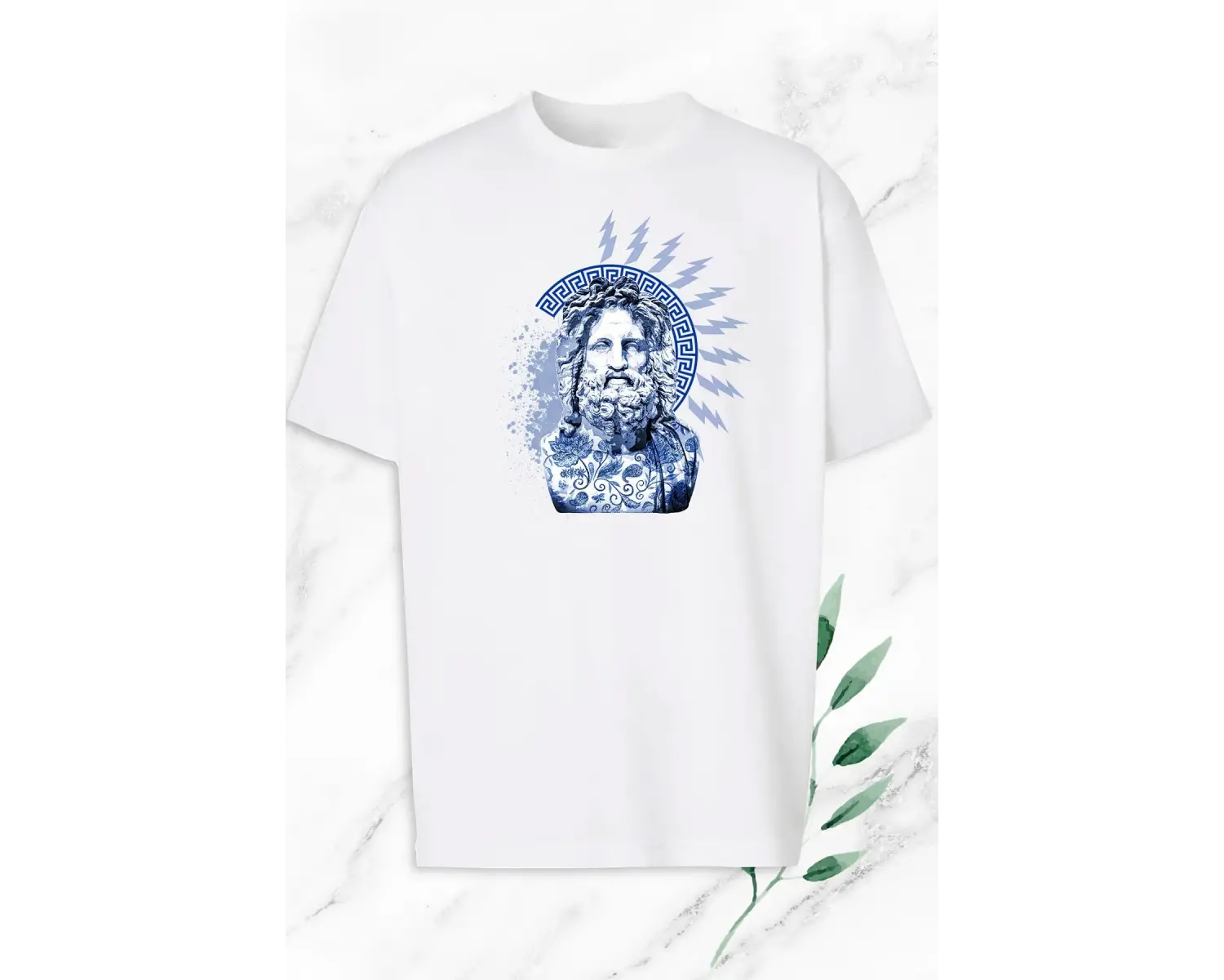 Oversize Mitoloji Zeus Heykel Baskılı Beyaz T-Shirt