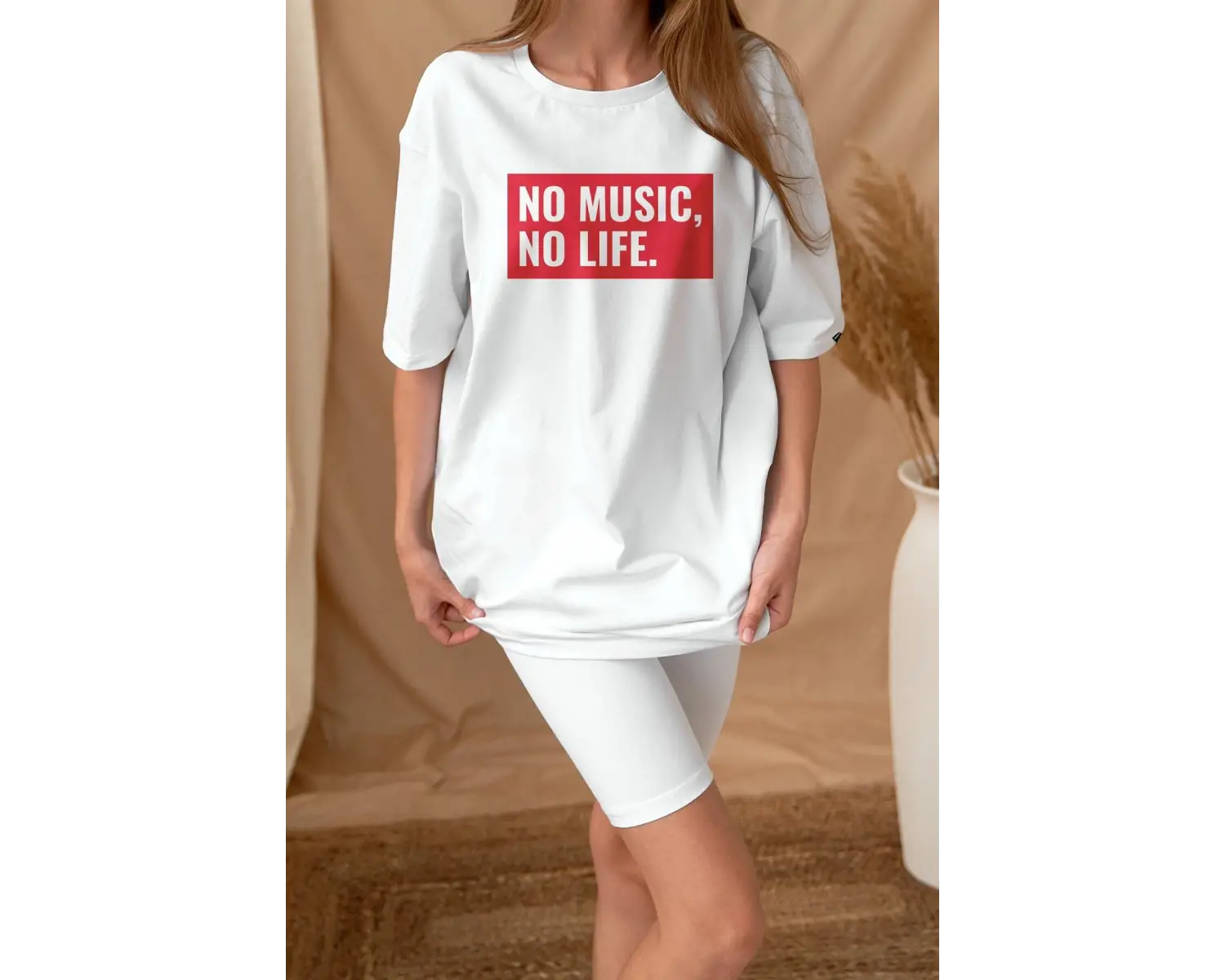 Oversize No Music No Life Baskılı Beyaz Tshirt NRAGE114