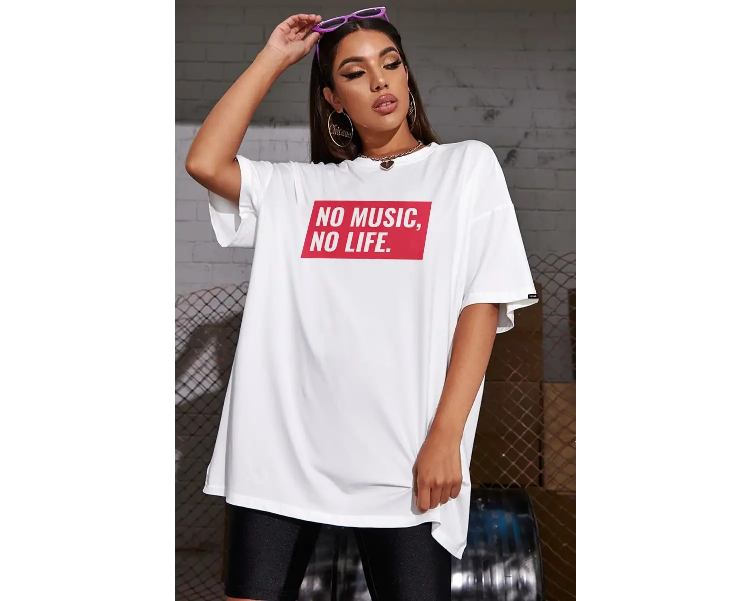 Oversize No Music No Life Baskılı Beyaz Tshirt NRAGE114