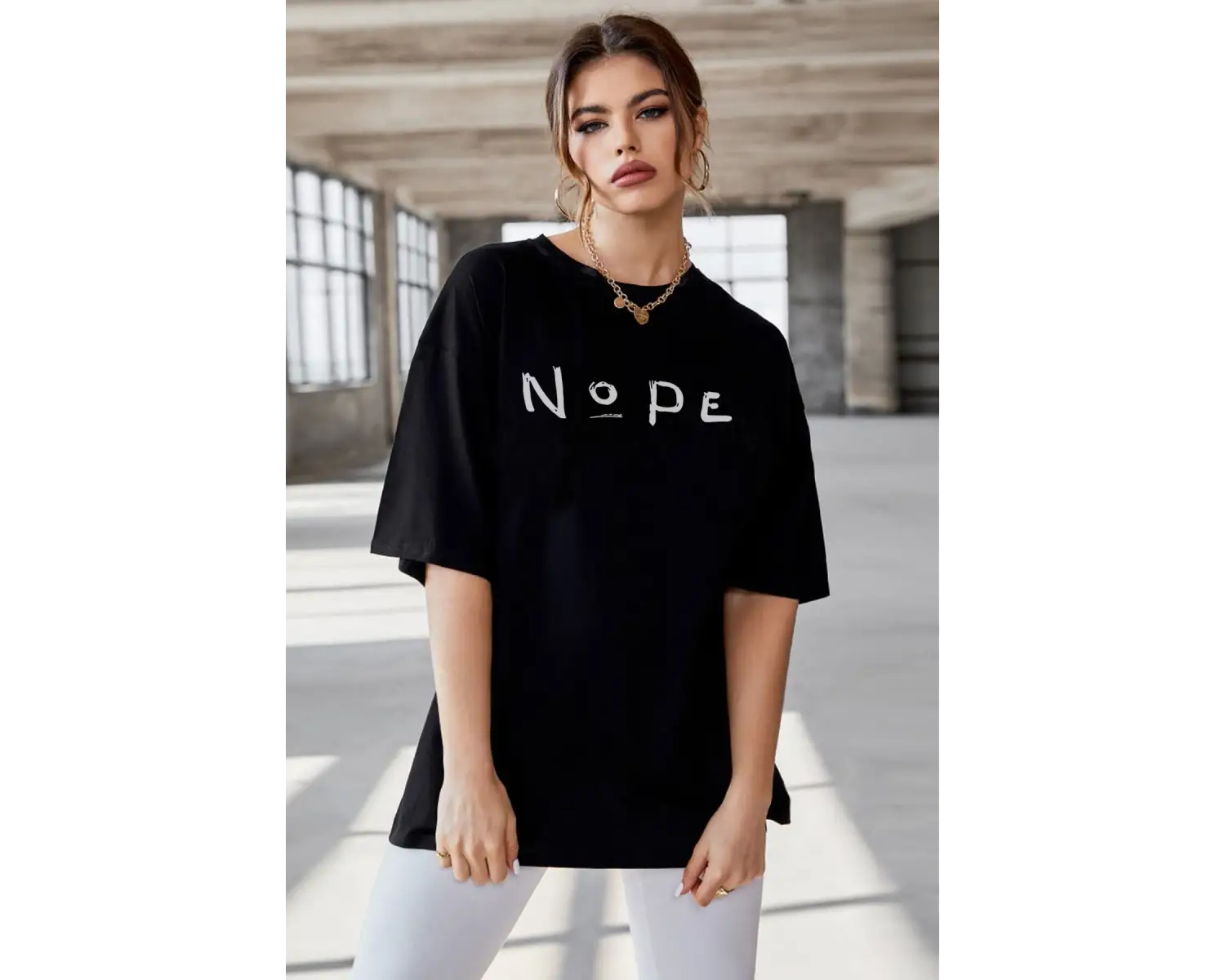 Oversize Nope Baskılı Siyah Tshirt NRAGE117