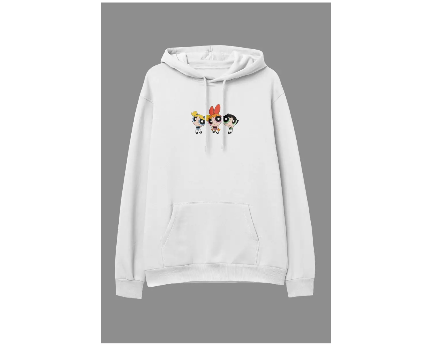 Oversize Powerpuff Girls Tasarım Baskılı Kapüşonlu Sweatshirt Hoodie Beyaz