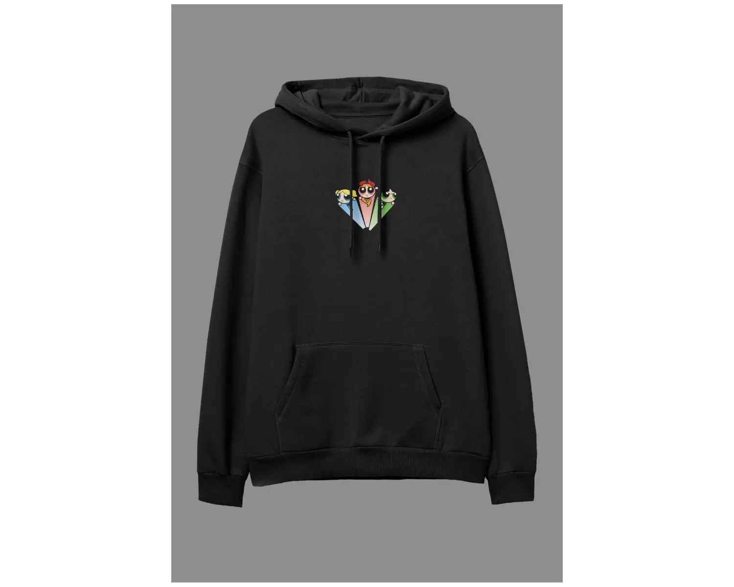 Oversize Powerpuff Girls Tasarım Baskılı Kapüşonlu Sweatshirt Hoodie Siyah