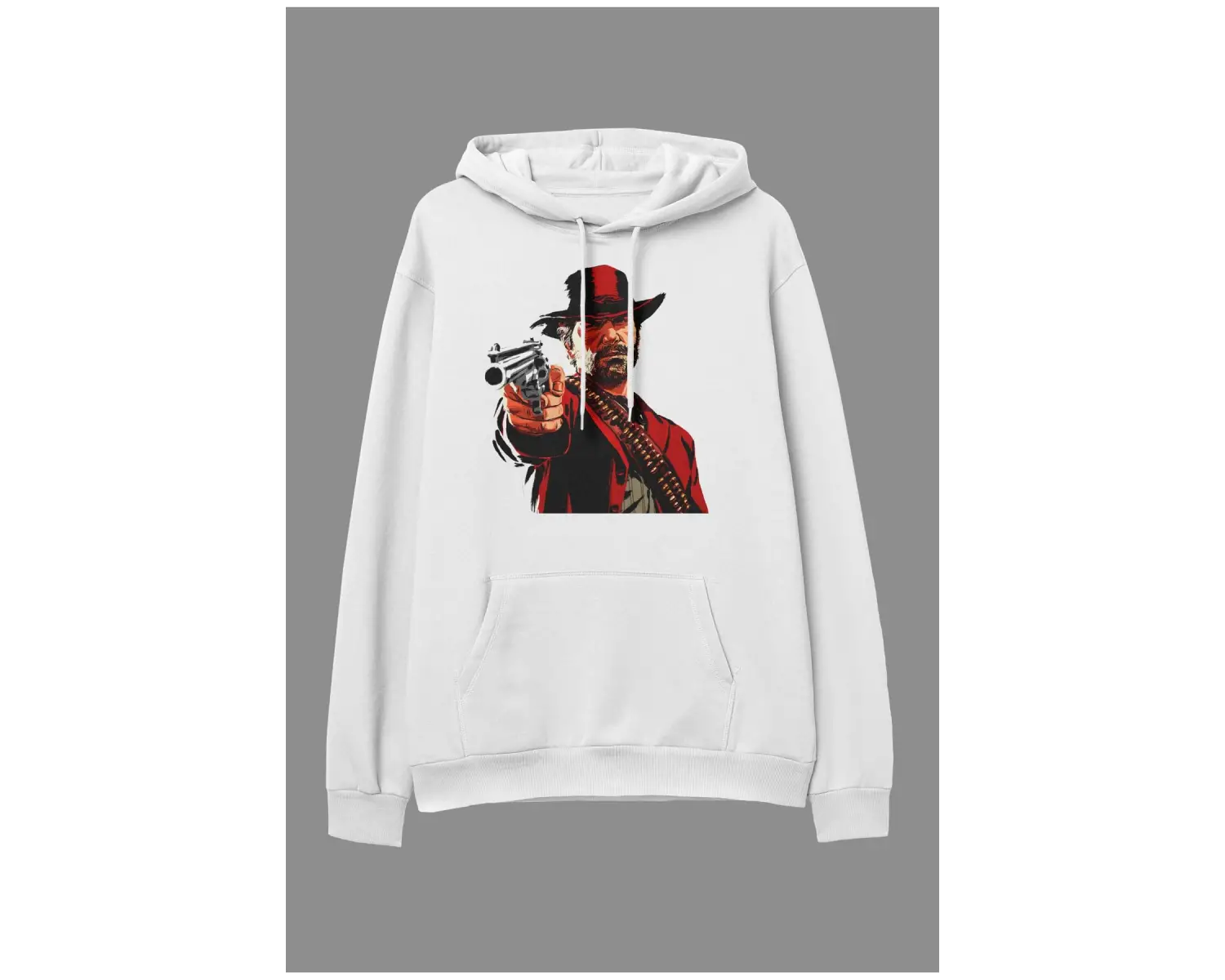 Oversize Red Dead Redemption 2 Tasarım Baskılı Kapüşonlu Sweatshirt Hoodie Beyaz