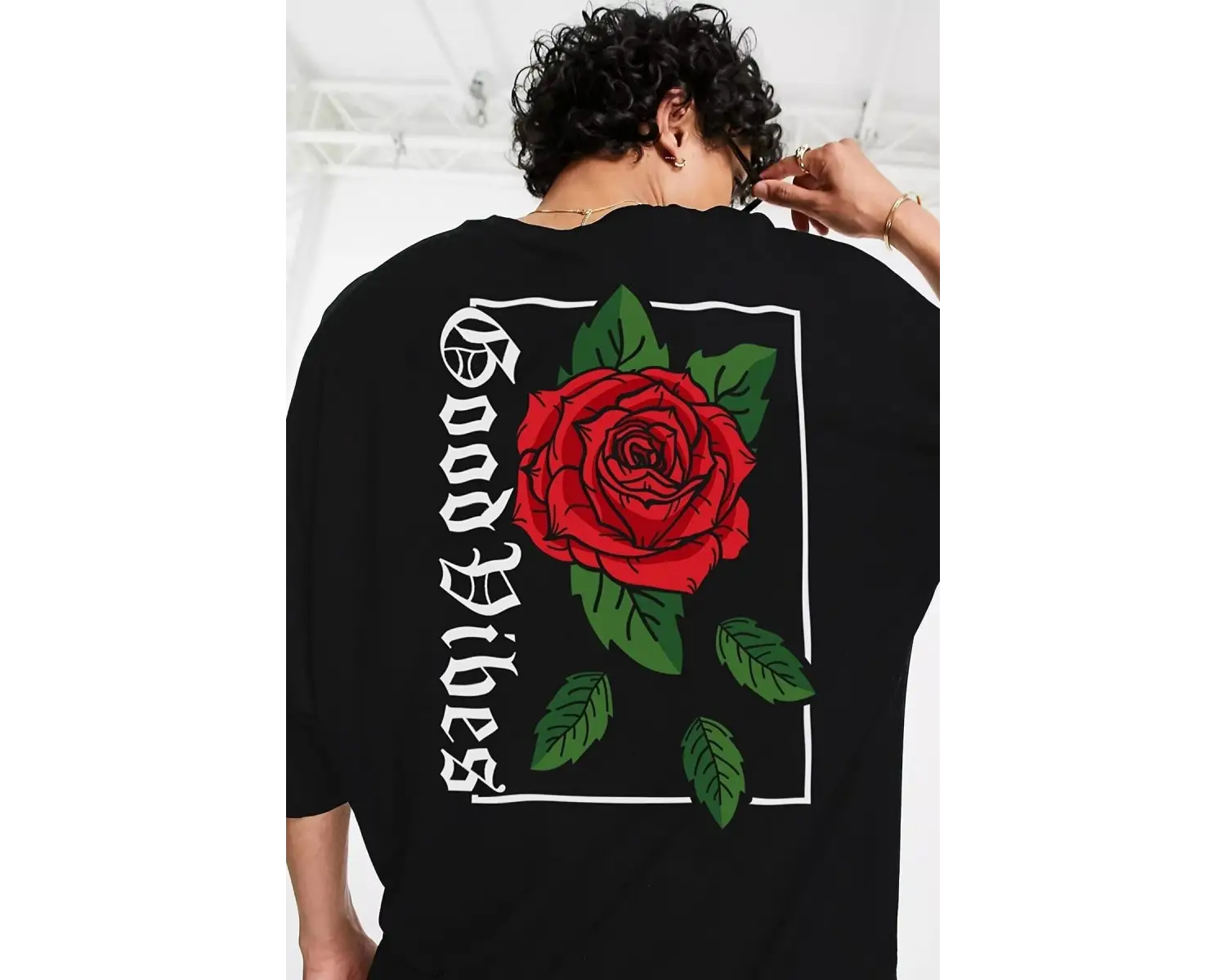 Oversize Rose Unisex Siyah T-shirt