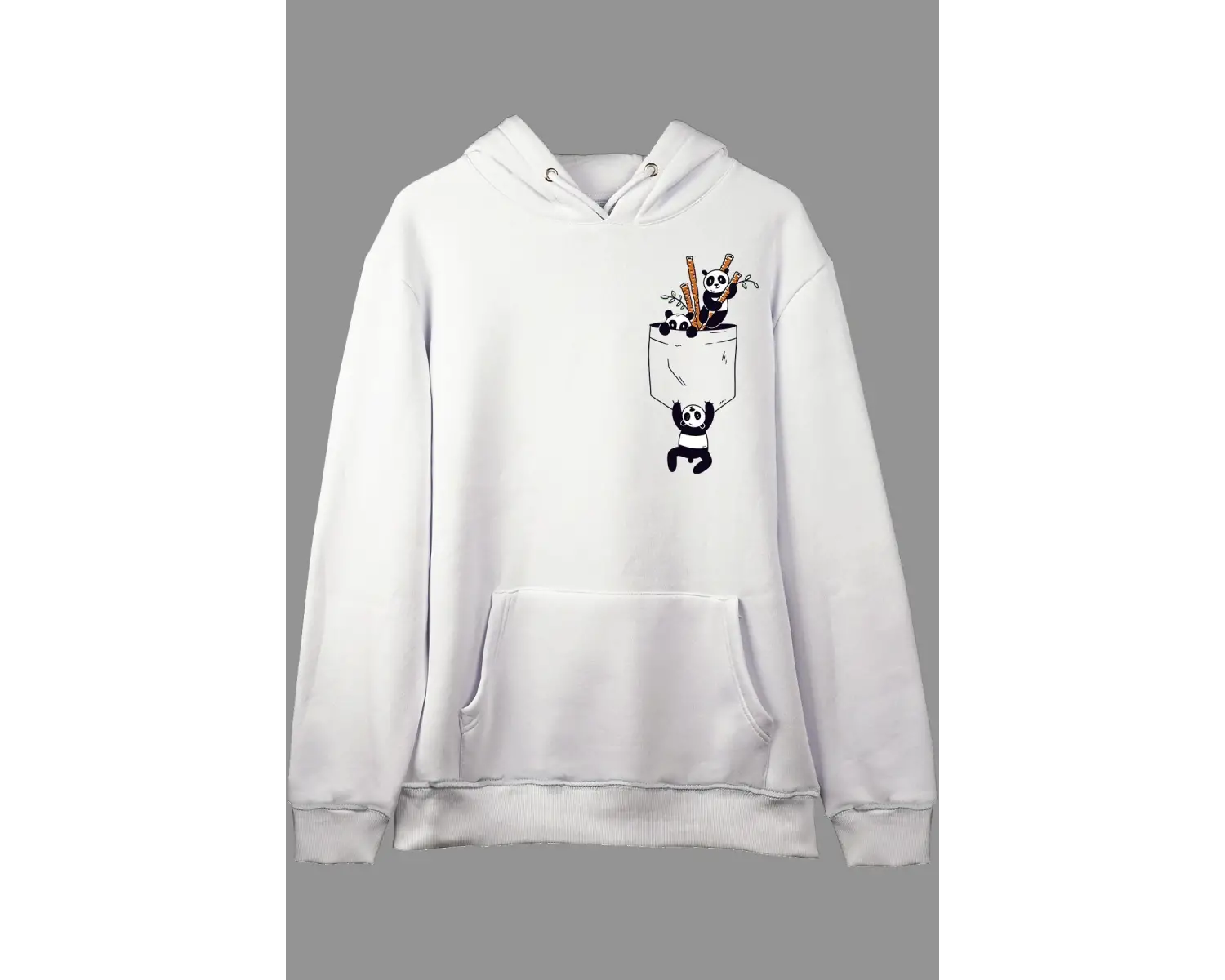 Oversize Sevimli Panda Cep Tasarımlı Baskılı Kapüşonlu Sweatshirt Hoodie Beyaz