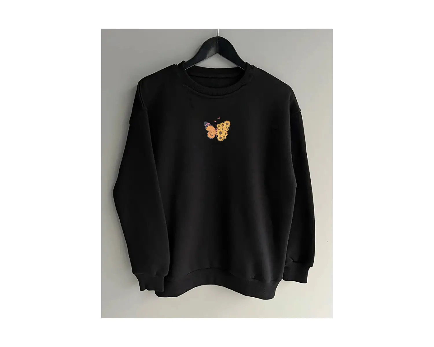 Oversıze Sıyah Ateş Su Baskılı 0 Yaka Kapşonsuz Pamuklu Sweatshirt Siyah