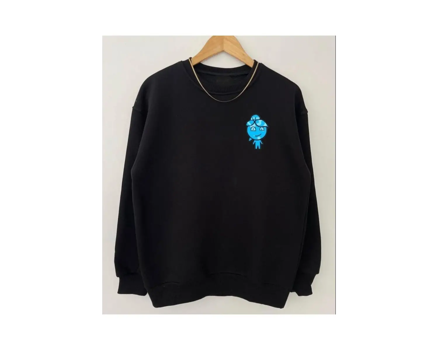 Oversıze Sıyah Ateş Su Baskılı 0 Yaka Kapşonsuz Pamuklu Sweatshirt Siyah