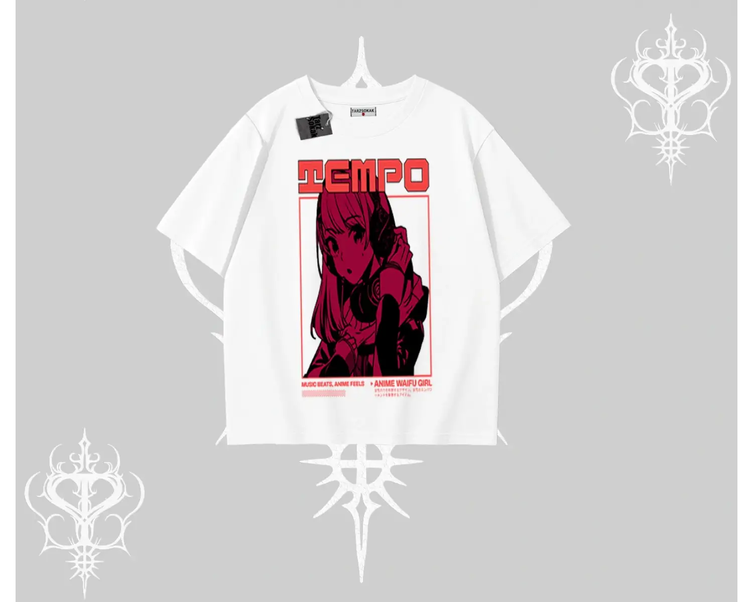 Oversize Tshirt Anime Waifu Kırmızı Grafik Desenli