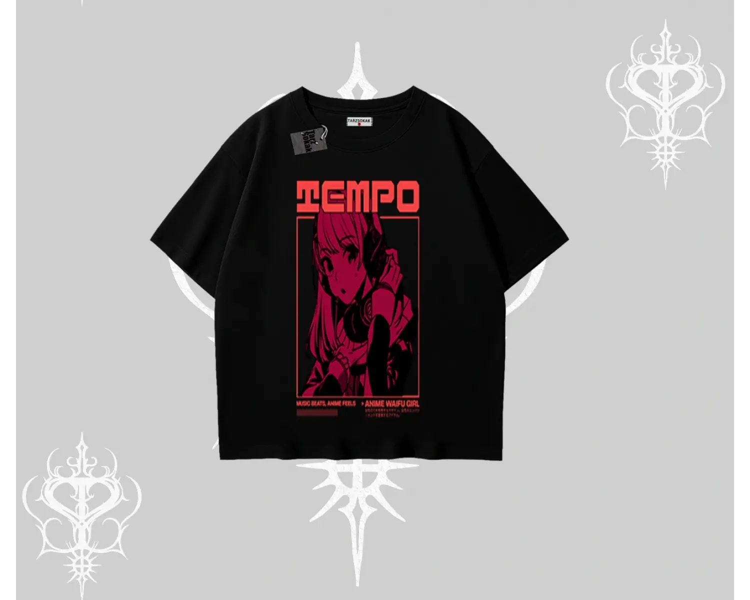 Oversize Tshirt Anime Waifu Kırmızı Grafik Desenli