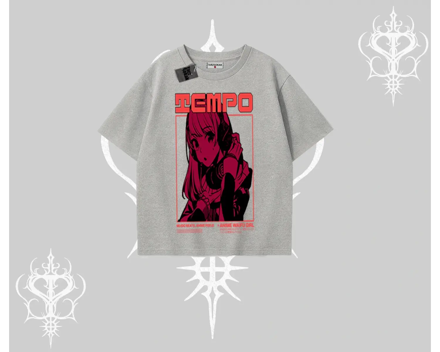 Oversize Tshirt Anime Waifu Kırmızı Grafik Desenli