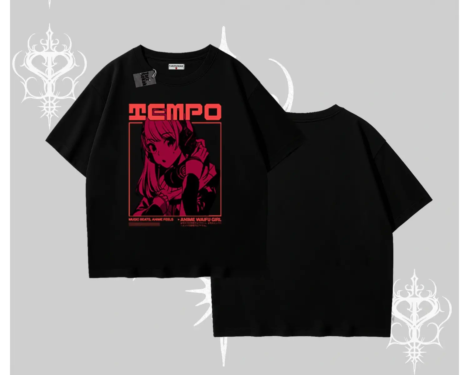 Oversize Tshirt Anime Waifu Kırmızı Grafik Desenli