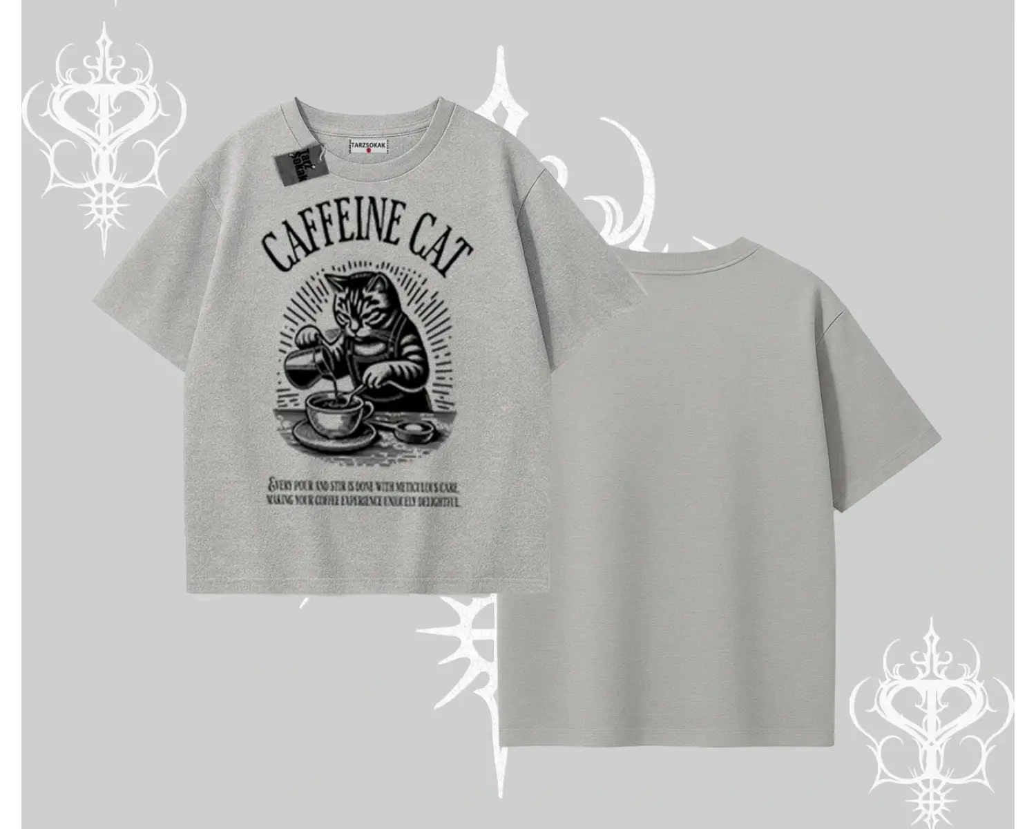 Oversize Tshirt Caffeine Cat Kahve Temalı Kedi Baskılı