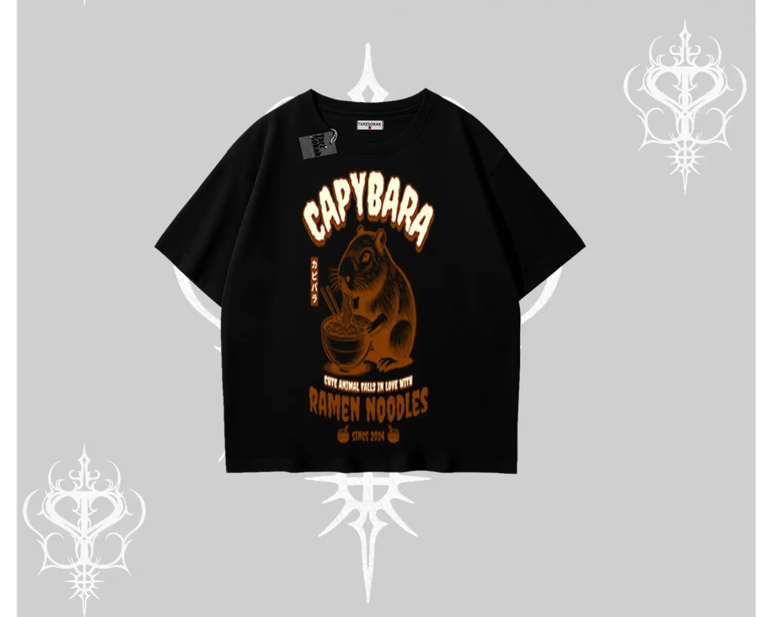 Oversize Tshirt Cute Capybara Enjoying Ramen Noodles Artwork