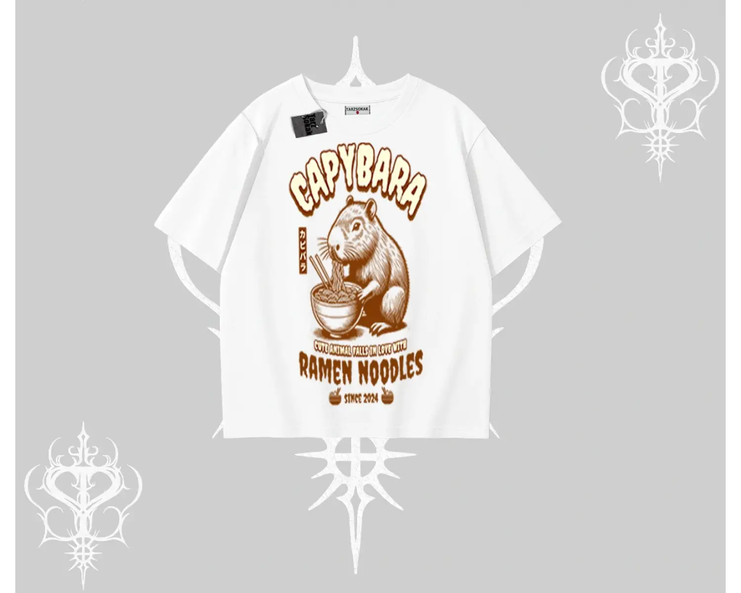 Oversize Tshirt Cute Capybara Enjoying Ramen Noodles Artwork