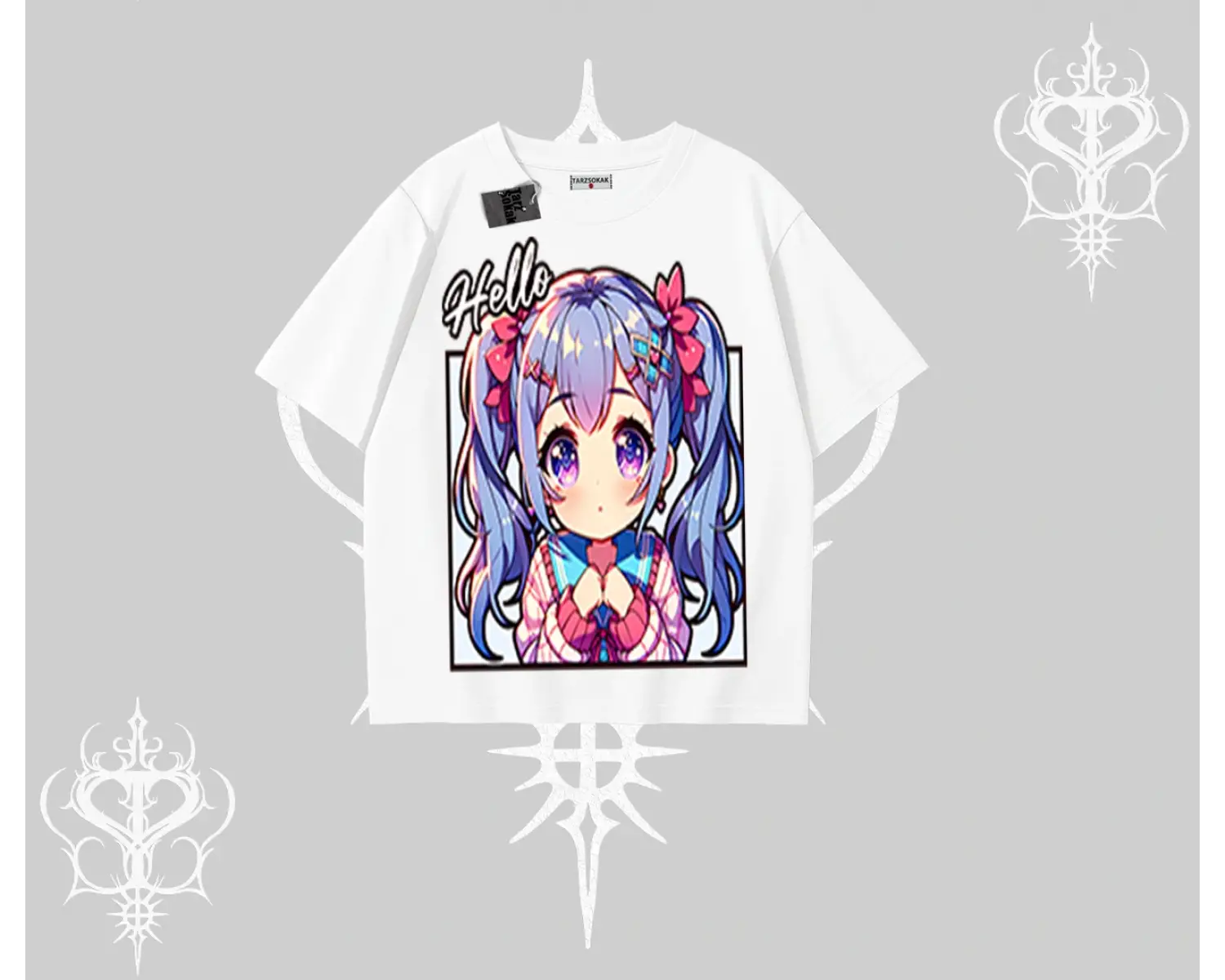 Oversize Tshirt Hello Anime Kız Sevimli Karakter Baskılı