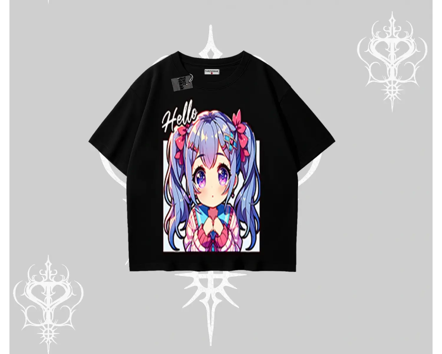 Oversize Tshirt Hello Anime Kız Sevimli Karakter Baskılı