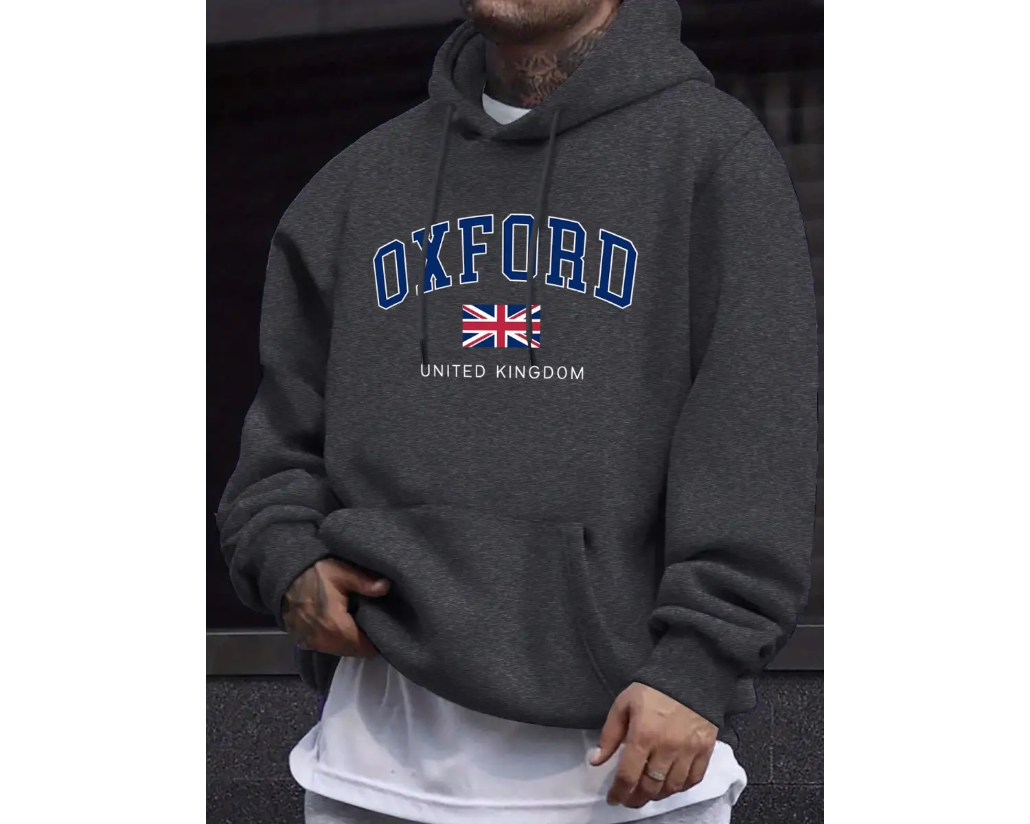 Oxford Birleşik Krallık Mektup Ve Bayrak Baskılı Erkek Eşofman Sokak Stili Bol Kapüşonlu Spor