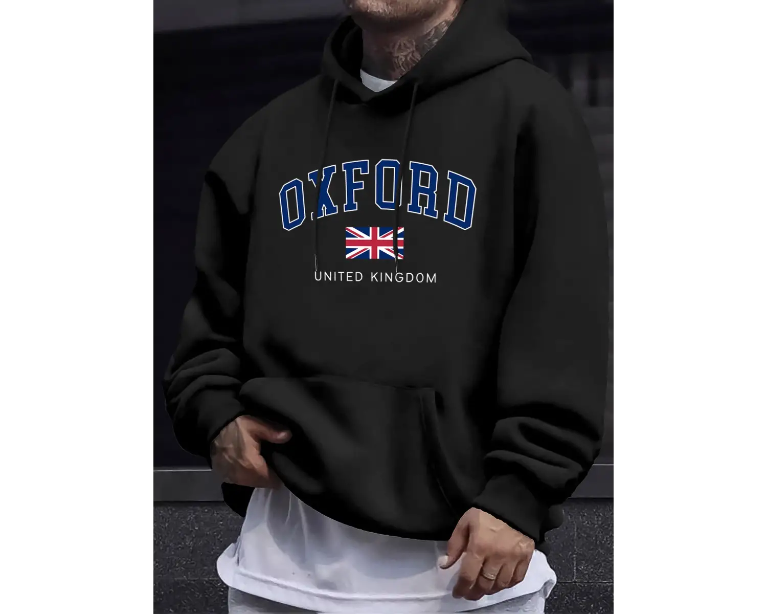 Oxford Birleşik Krallık Mektup Ve Bayrak Baskılı Erkek Eşofman Sokak Stili Bol Kapüşonlu Spor