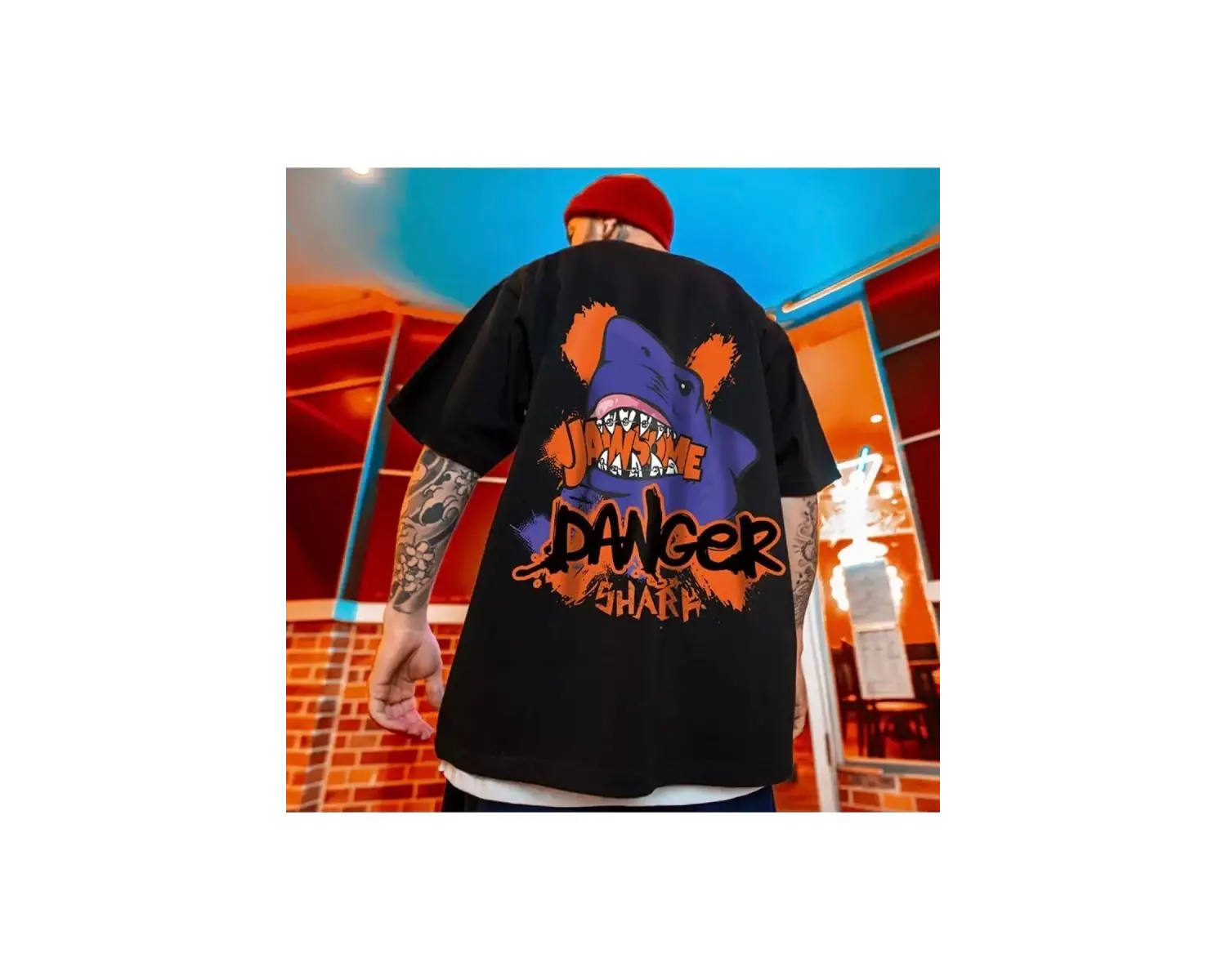 Özel Tasarım Danger Shark Sırt Baskılı %100 Pamuk Sokak Stili Hip Hop Erkek T-shırt