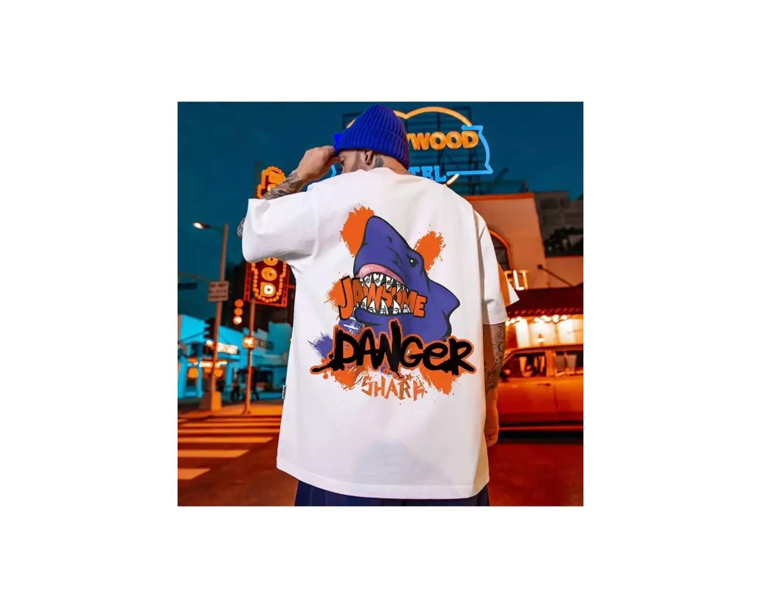 Özel Tasarım Danger Shark Sırt Baskılı %100 Pamuk Sokak Stili Hip Hop Erkek T-shırt