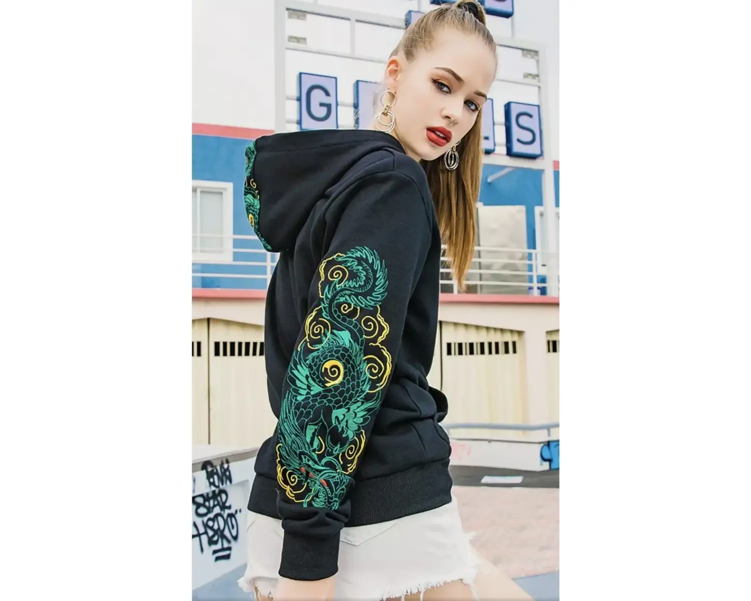 Özel Tasarım Kapüşonlu Japon Zümrüt Ejderha Baskılı Oversize Kadın Hoodie-sweatshır Siyah