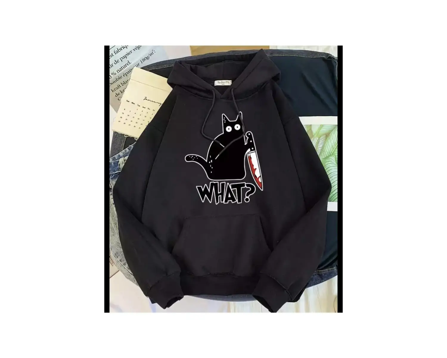 Özel Tasarım Kapüşonlu What ? Kedi Baskılı Tam Kışlık Süper Oversize Kadın Sweatshı Beyaz