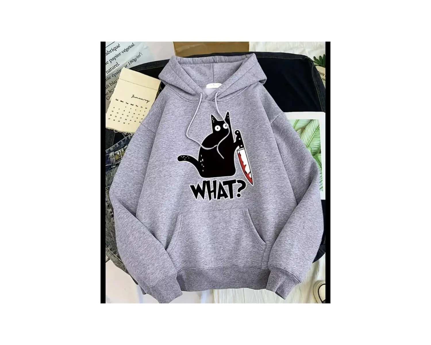 Özel Tasarım Kapüşonlu What ? Kedi Baskılı Tam Kışlık Süper Oversize Kadın Sweatshı Beyaz