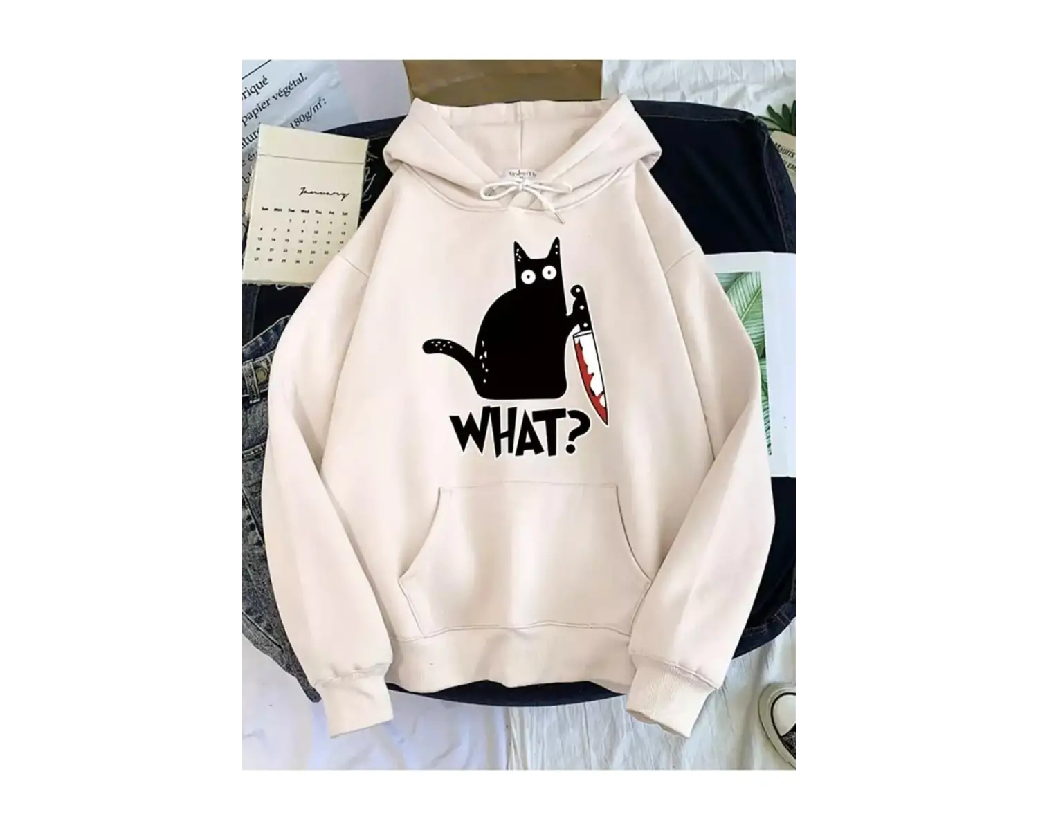 Özel Tasarım Kapüşonlu What ? Kedi Baskılı Tam Kışlık Süper Oversize Kadın Sweatshı Beyaz