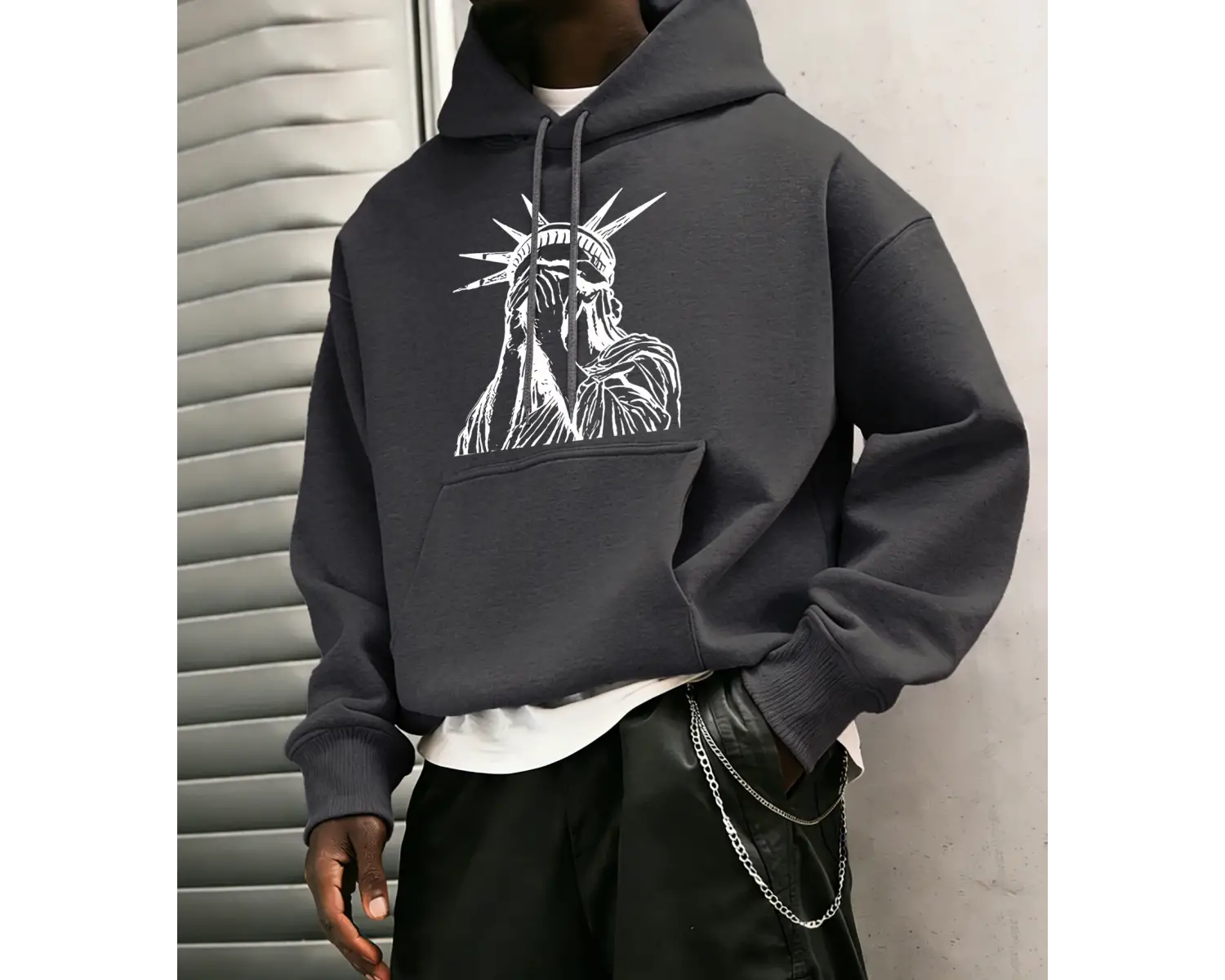 Özgürlük Heykeli Desenli S-2Xl Erkekler İçin Hip Hop Sonbahar Sweatshirtleri Cepli Polar Üstl