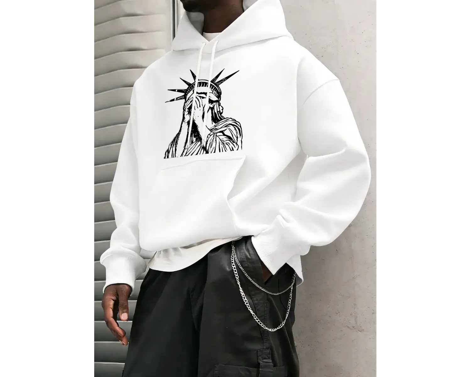 Özgürlük Heykeli Desenli S-2Xl Erkekler İçin Hip Hop Sonbahar Sweatshirtleri Cepli Polar Üstl