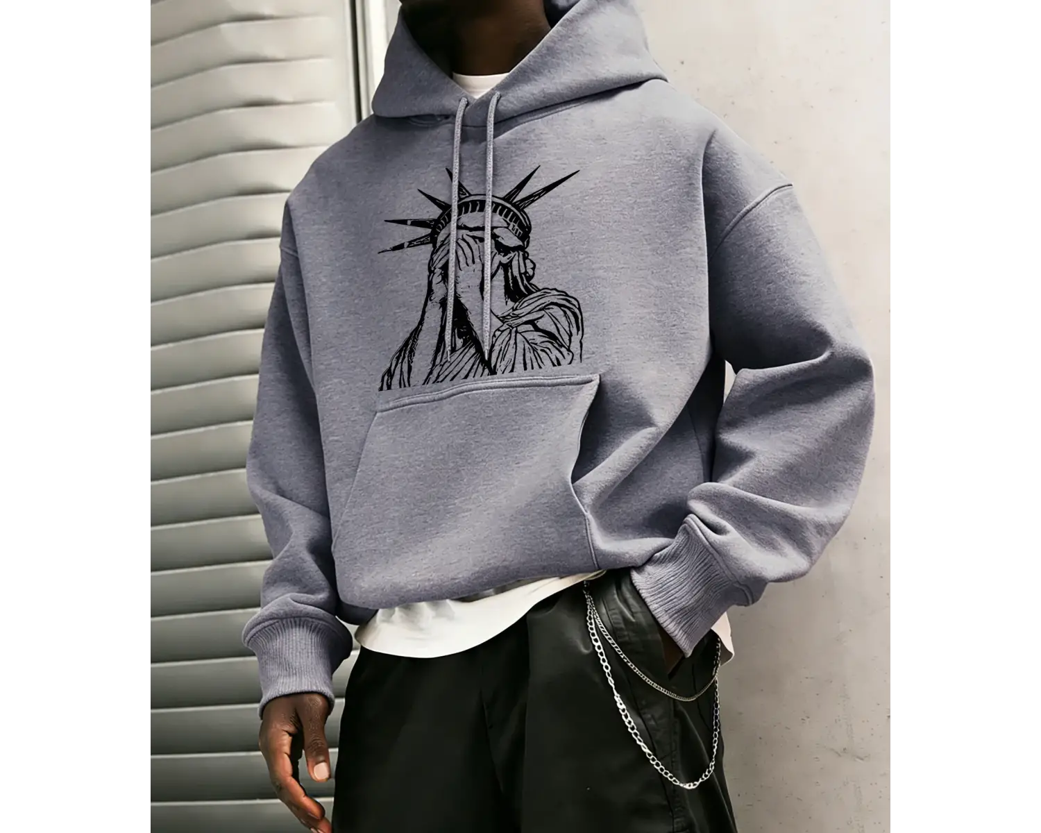 Özgürlük Heykeli Desenli S-2Xl Erkekler İçin Hip Hop Sonbahar Sweatshirtleri Cepli Polar Üstl