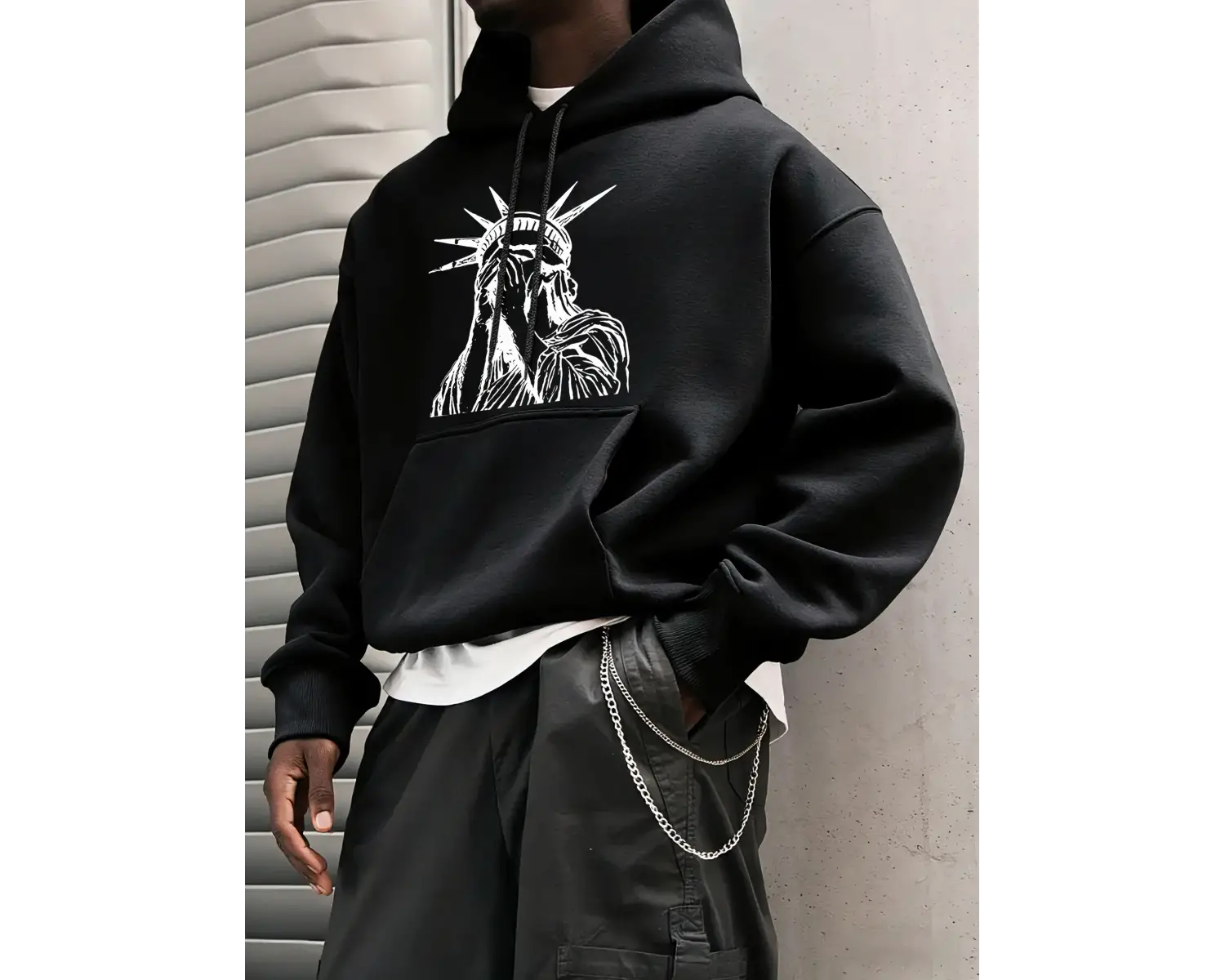 Özgürlük Heykeli Desenli S-2Xl Erkekler İçin Hip Hop Sonbahar Sweatshirtleri Cepli Polar Üstl