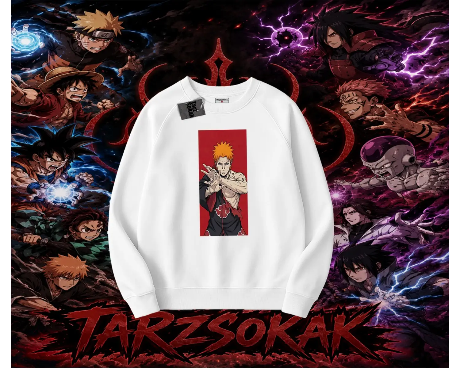 Pain nagato Naruto Anime Karakter Oversize Unisex Bisiklet Yaka Sweatshirt Beyaz