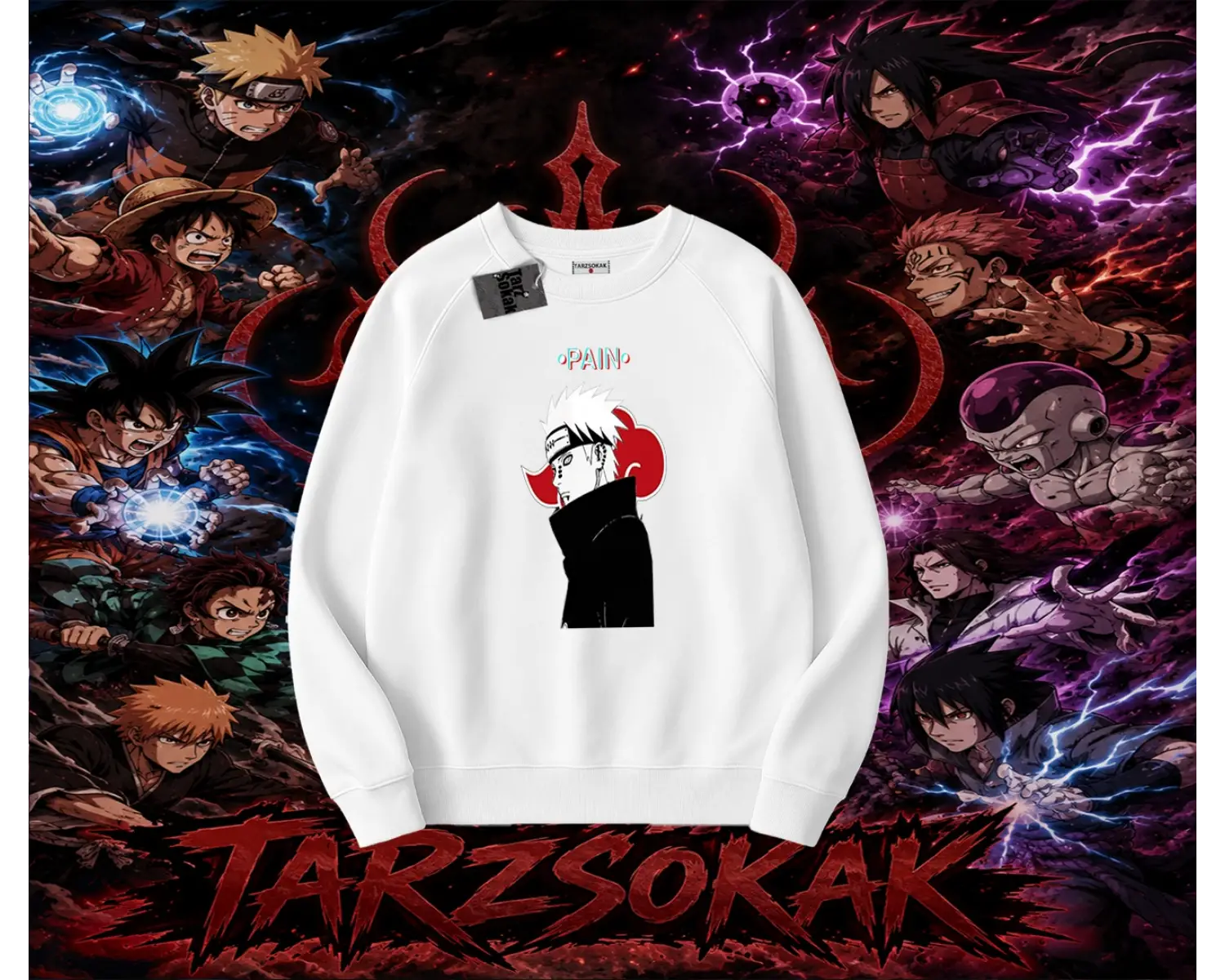 Pain nagato Naruto Anime Karakter Oversize Unisex Bisiklet Yaka Sweatshirt Beyaz