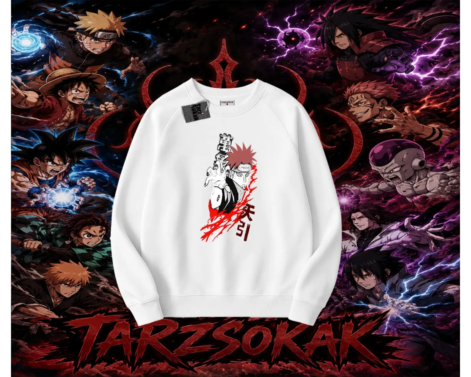Pain nagato Naruto Anime Karakter Oversize Unisex Bisiklet Yaka Sweatshirt Beyaz