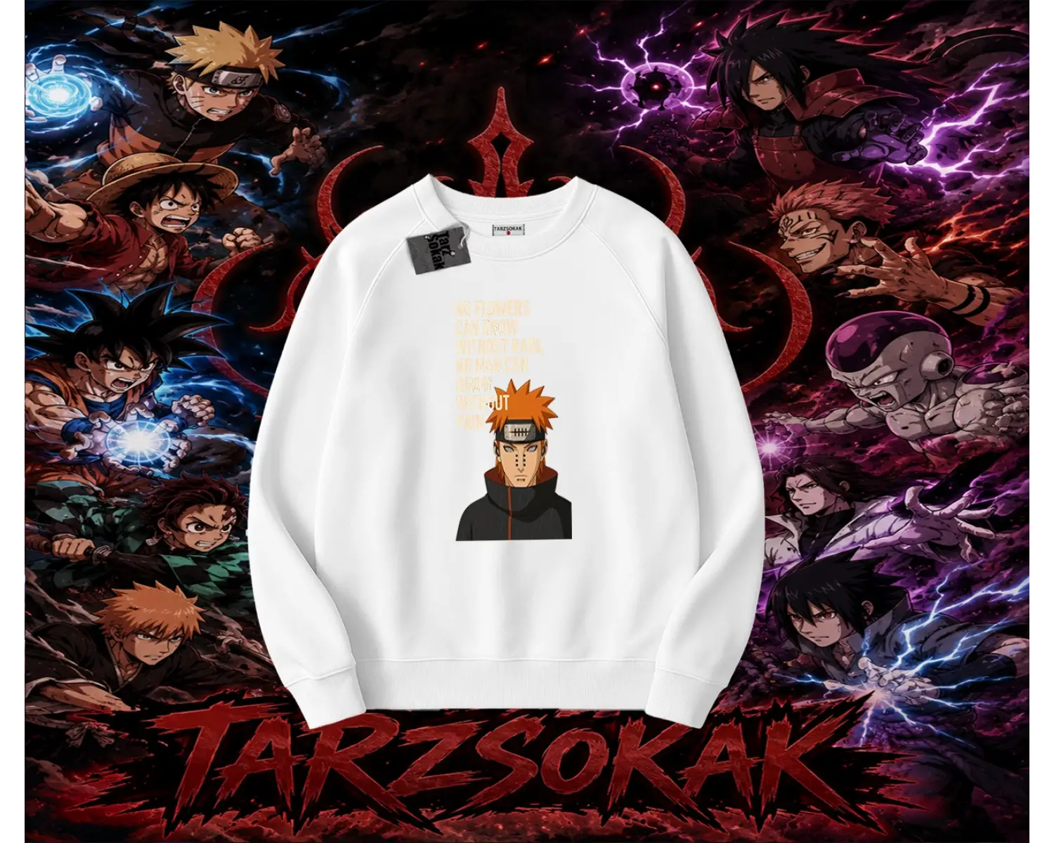 Pain nagato Naruto Anime Karakter Oversize Unisex Bisiklet Yaka Sweatshirt Beyaz