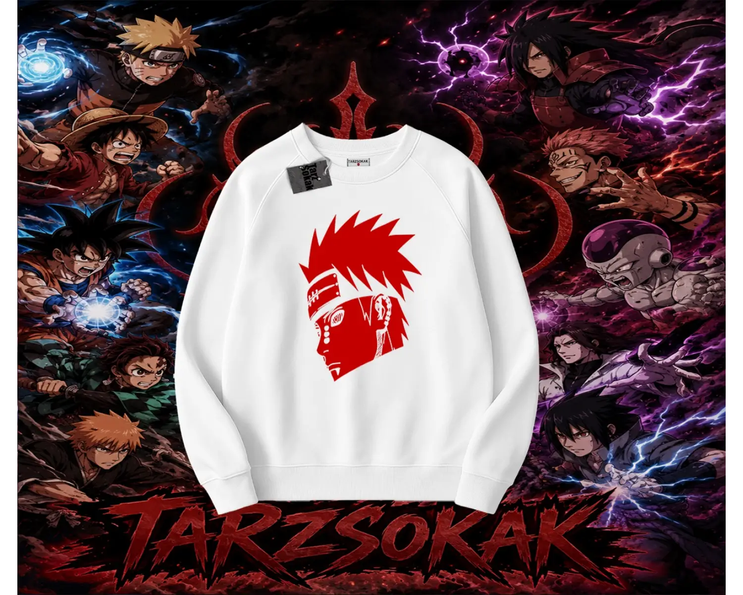 Pain nagato Naruto Anime Karakter Oversize Unisex Bisiklet Yaka Sweatshirt Beyaz