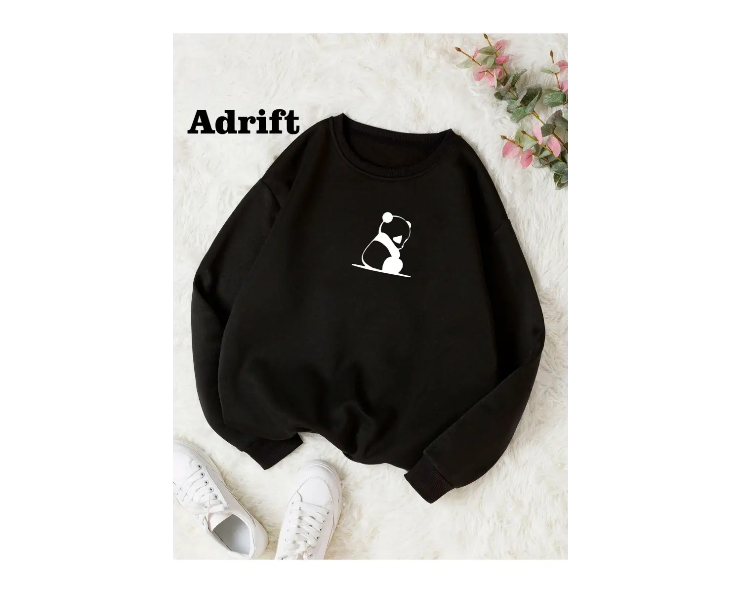 Panda Renkli Oversize Bisiklet Yaka Pamuklu Sweatshirt Beyaz