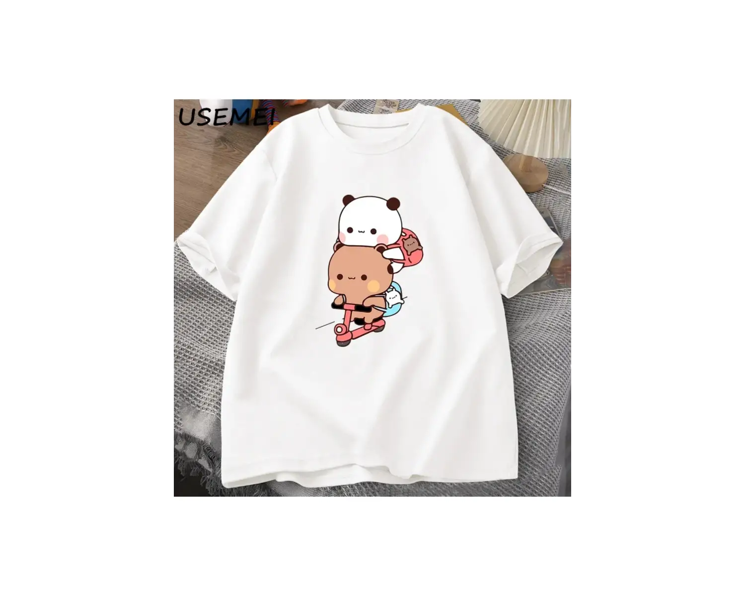 Panda ve Brownie ayı çift bisiklet sürme t-shirt boy komik karikatür T Shirt erkekler pamuk O 3040