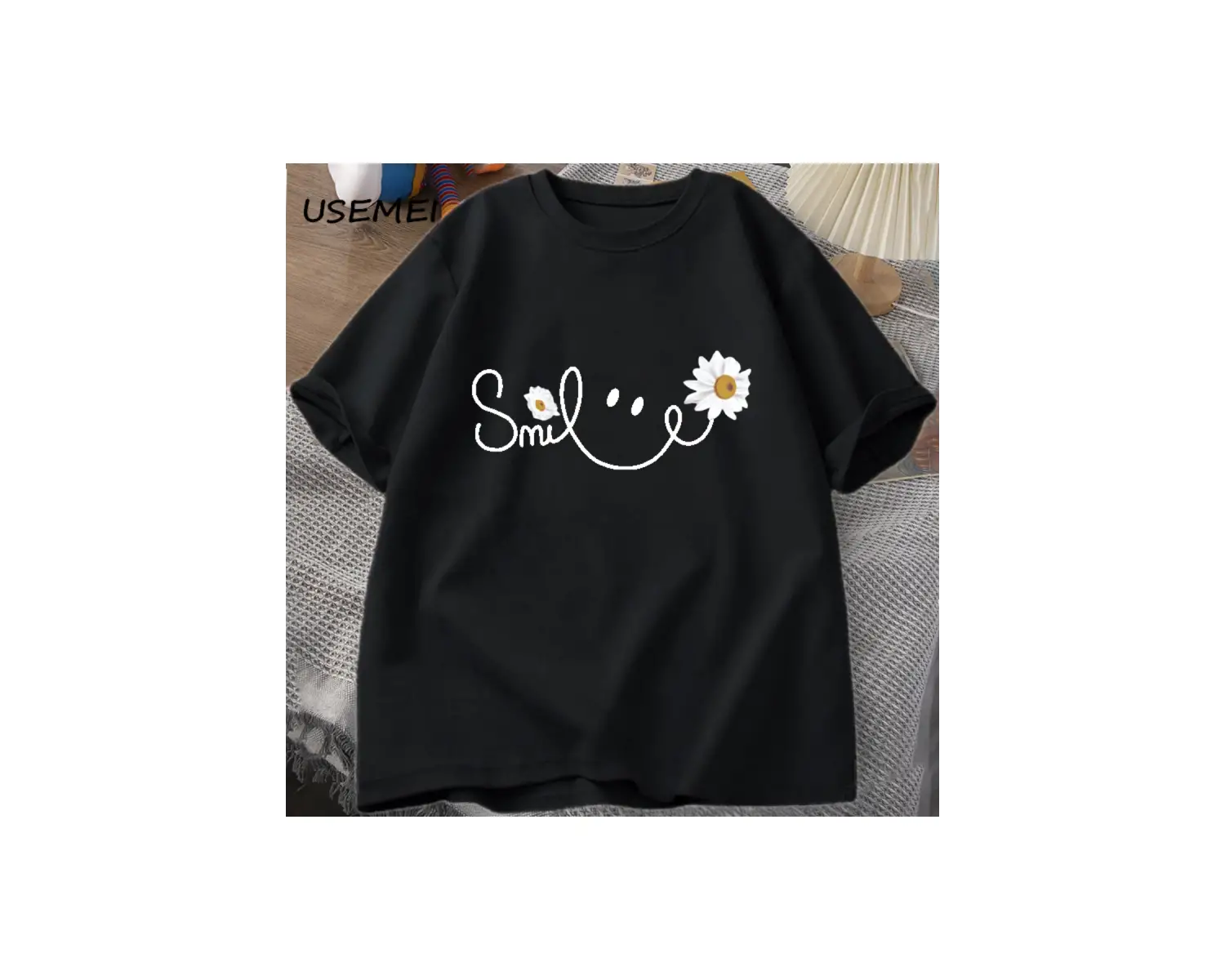 Papatya gülümseme yüz T Shirt yaz çiçek baskılı tişört kadın erkek pamuk kısa kollu Tshirt bo 3051