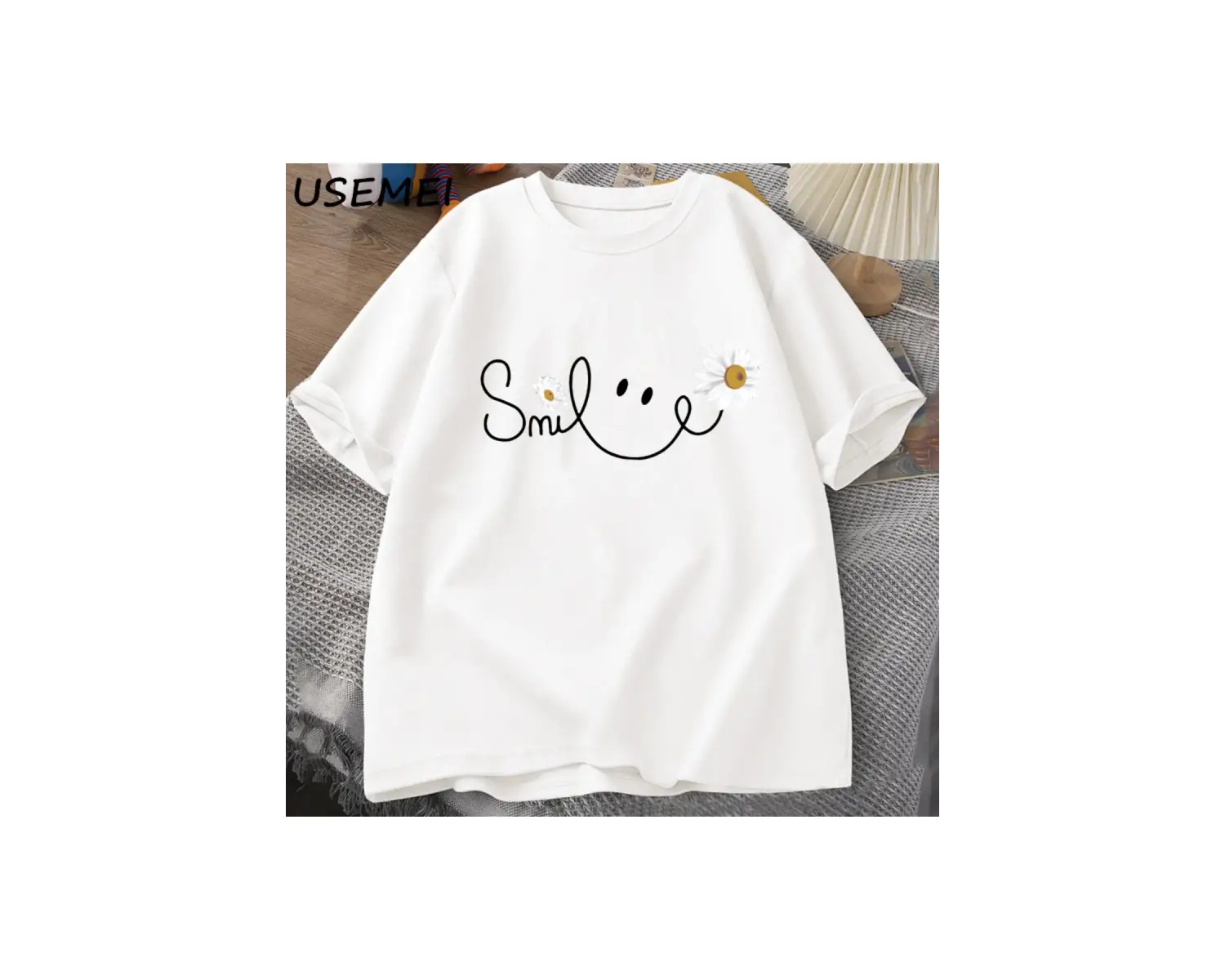 Papatya gülümseme yüz T Shirt yaz çiçek baskılı tişört kadın erkek pamuk kısa kollu Tshirt bo 3051