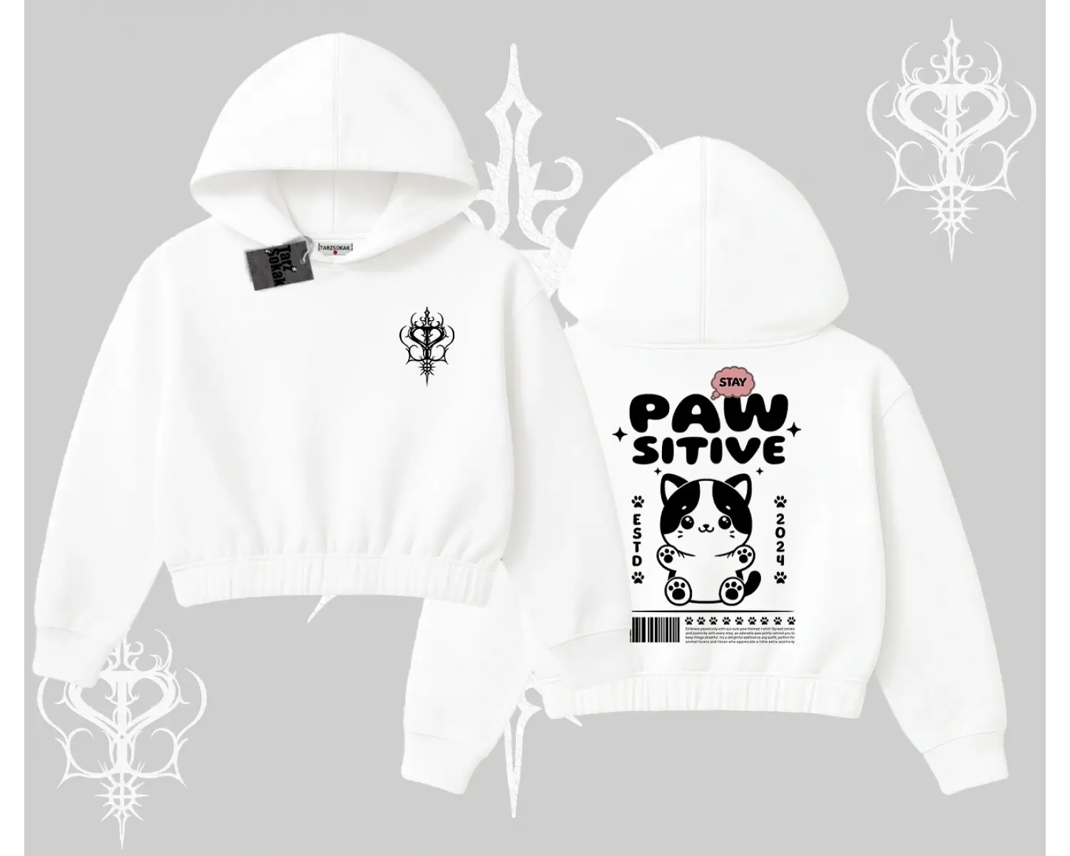 Paw Sitive Kedi Arka Baskılı Kapşonlu Crop Sweatshirt
