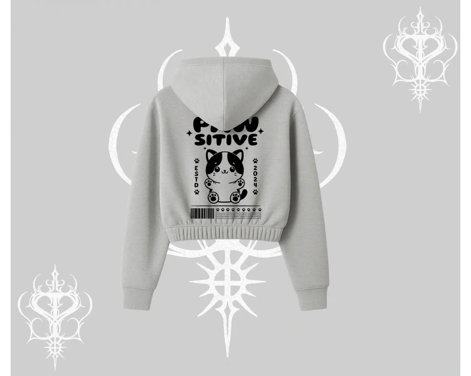 Paw Sitive Kedi Arka Baskılı Kapşonlu Crop Sweatshirt