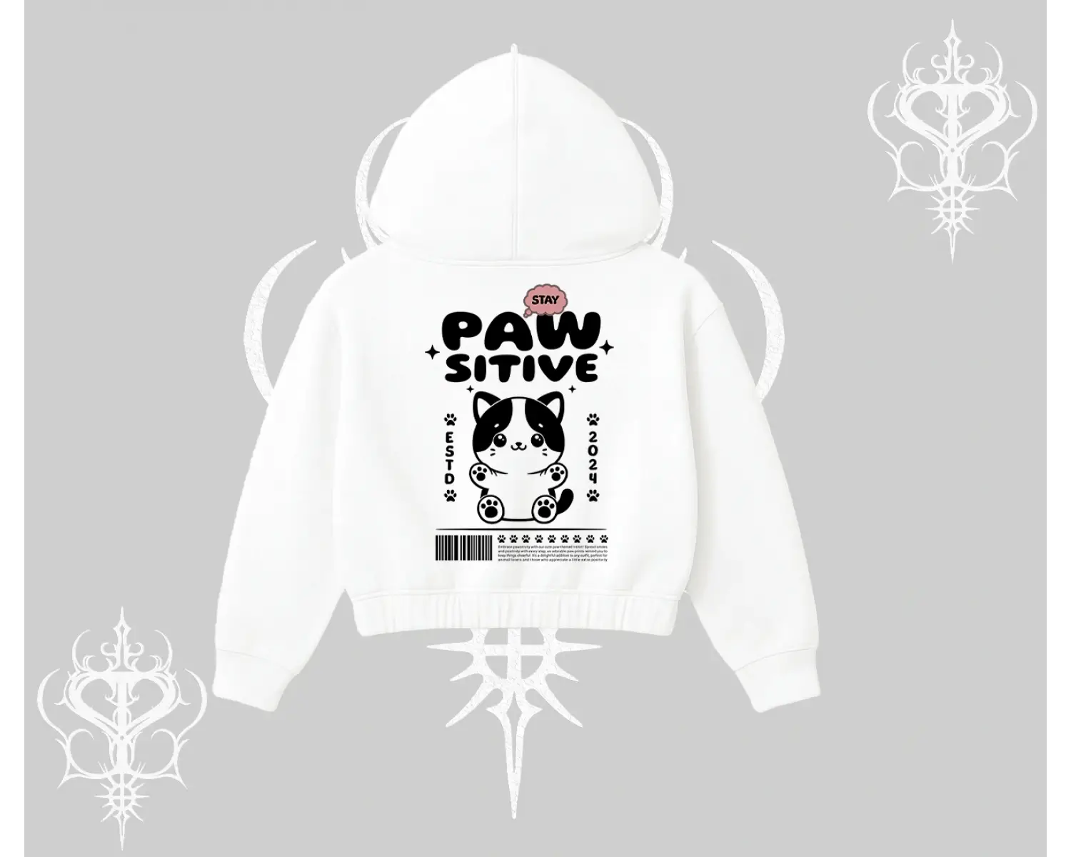 Paw Sitive Kedi Arka Baskılı Kapşonlu Crop Sweatshirt
