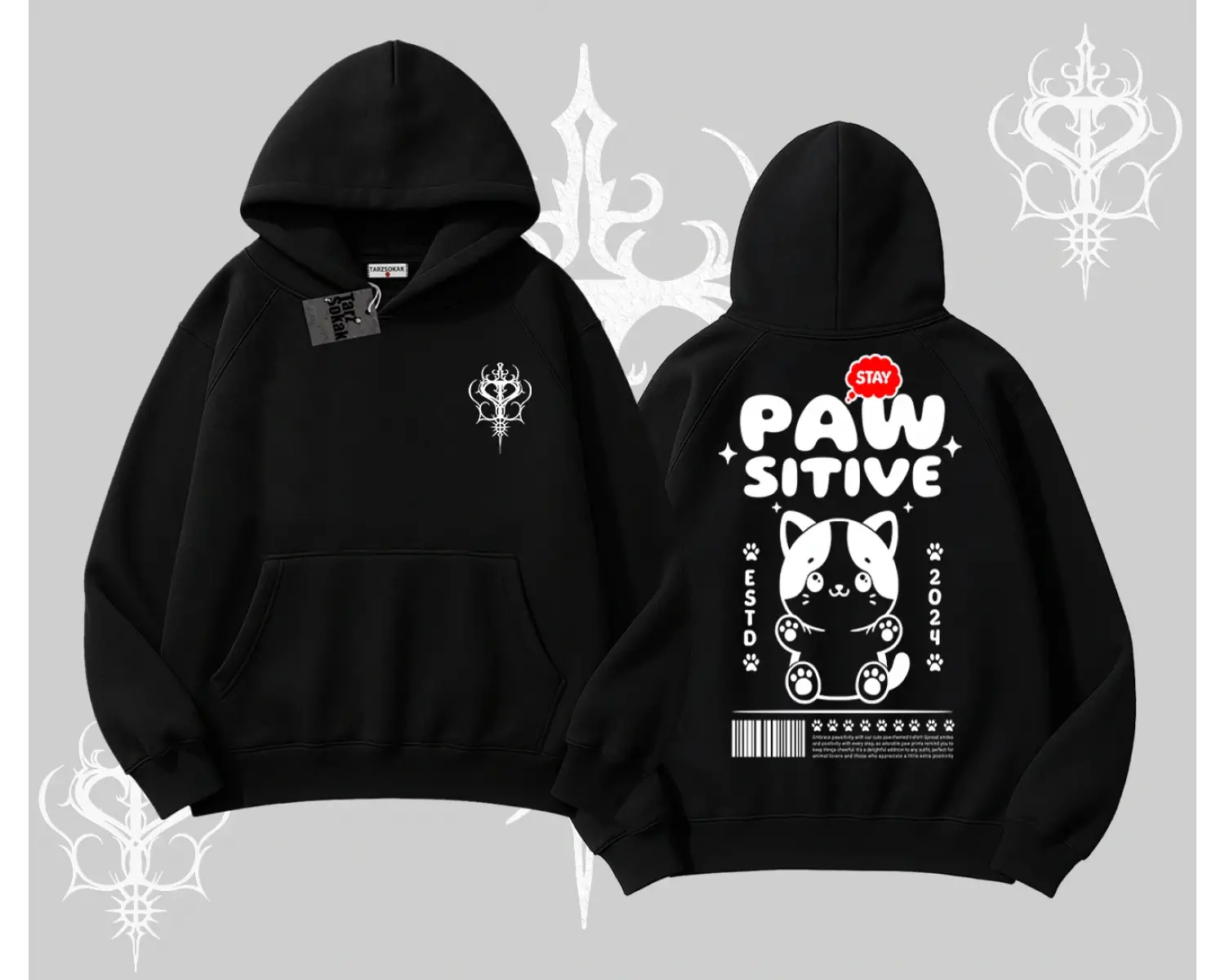 Paw Sitive Kedi Arka Baskılı Kapşonlu Sweatshirt