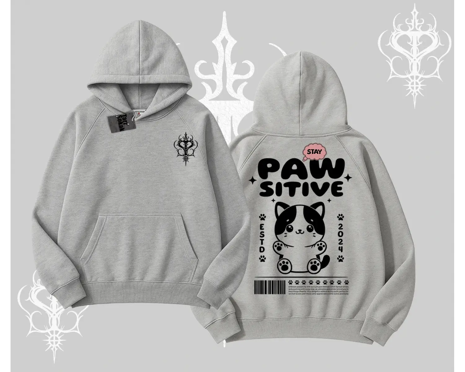 Paw Sitive Kedi Arka Baskılı Kapşonlu Sweatshirt