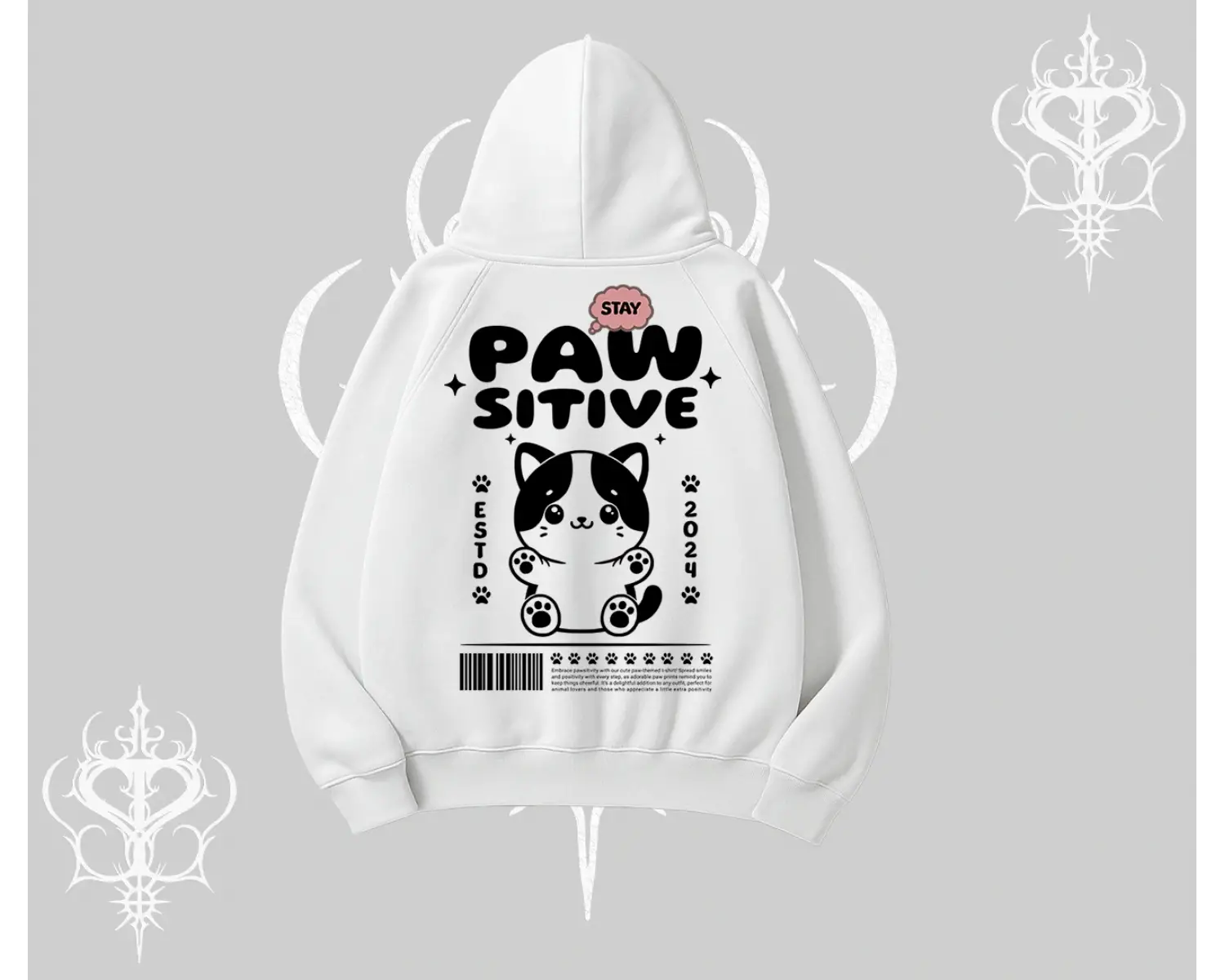Paw Sitive Kedi Arka Baskılı Kapşonlu Sweatshirt