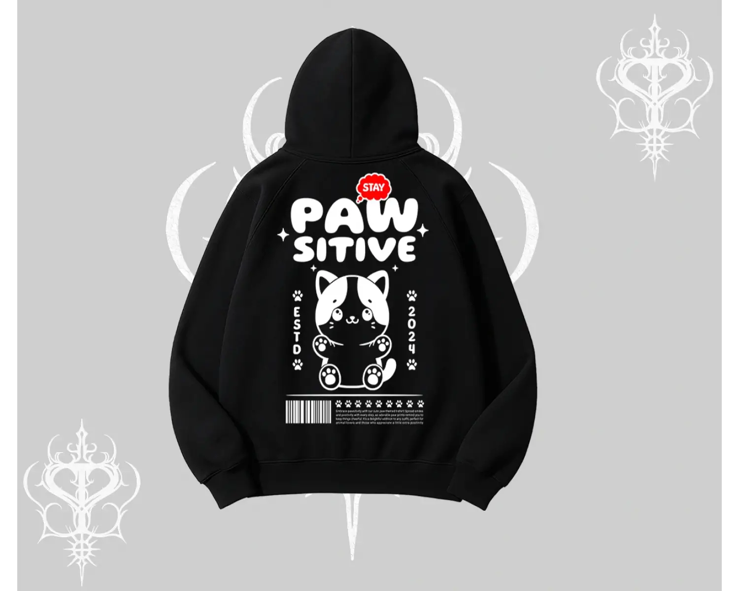 Paw Sitive Kedi Arka Baskılı Kapşonlu Sweatshirt