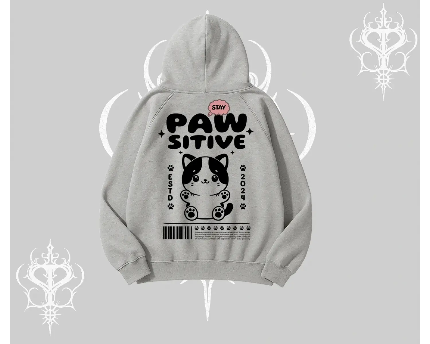 Paw Sitive Kedi Arka Baskılı Kapşonlu Sweatshirt