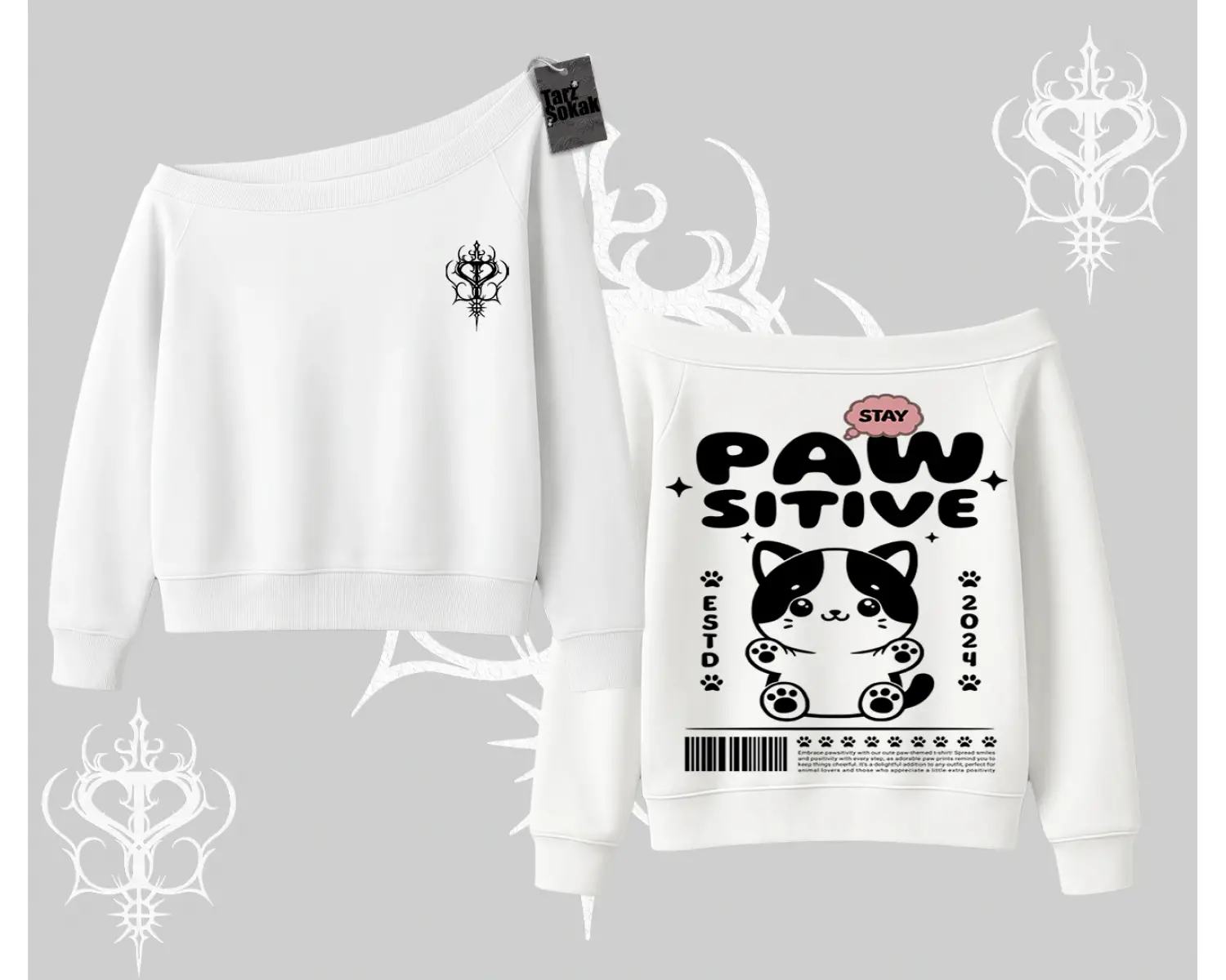 Paw Sitive Kedi Arka Baskılı Kayık Yaka Sweatshirt